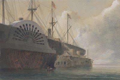 La vecchia fregata Iris con il suo carico di cavi accanto al Great Eastern a Sheerness, 1865 da Robert Charles Dudley