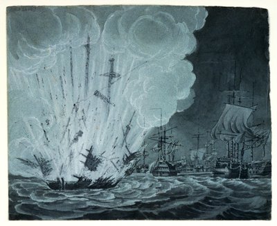 Nave che esplode nella battaglia del Nilo (disegno a penna, lavaggio grigio) da Robert Cleveley