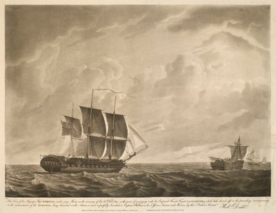 Questa veduta della nave EUROTAS di Sua Maestà, sotto gli alberi della giuria, la mattina del 26 febbraio 1814, sul punto di avvicinarsi alla fregata imperiale francese LA CLORINDE, che si era allontanata la sera precedente, a causa della circostanza che l da Robert Dodd