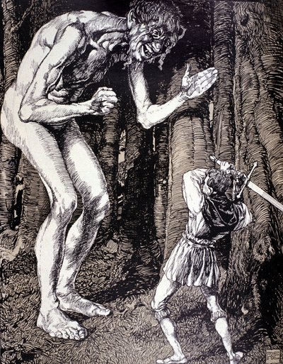 Il cavaliere e il gigante. Illustrazione di Robert Engels (1856 - 1936). Incisione tedesca. (Düsseldorf) da Robert Engels