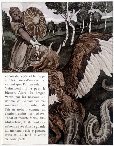 Tristano che combatte con un drago - in "Il Romanzo di Tristano e Isotta" di J. Bédier, illustrato da Robert Engels, Edizione d