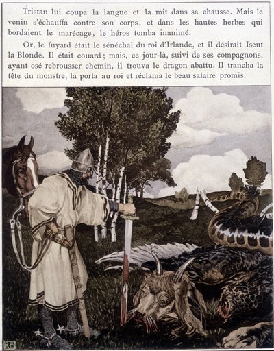 Tristano vicino al drago morto - in "Le Roman de Tristan et Iseult" di Bédier ill. di Robert Engels, ed. d