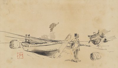 Due barche da pesca giapponesi sulla riva da Robert Frederick Blum