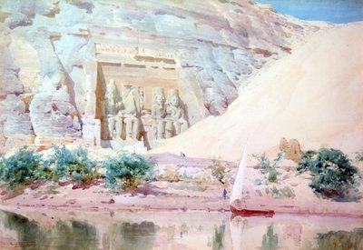 Abu Simbel", acquerello. Robert Talbot-Kelly (1861-1934) pittore inglese di paesaggi orientalisti. Le grandi statue in pietra calcarea di Ramses II all