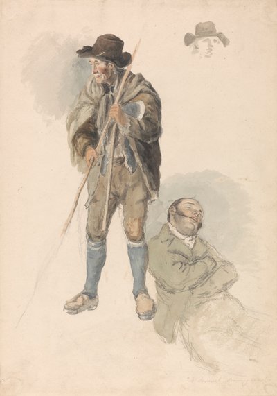 Studi di figure: un lavoratore agricolo, il signor Samuel, il maestro di disegno sdraiato e sonnecchiante, e un leggero schizzo di un uomo con cappello da Robert Hills