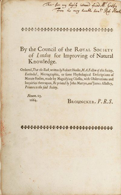 Pagina firmata da "Micrographia: or Some Physiological Descriptions of Minute Bodies Made by Magnifying Glasses", 1665 da Robert Hooke