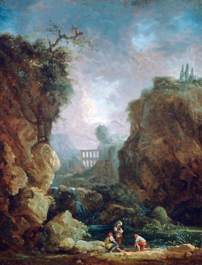 Paesaggio con cascata e acquedotto da Robert Hubert