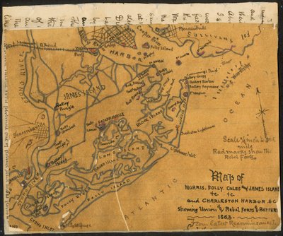 Mappa delle isole Morris, Folly, Coles e James ecc. e del porto di Charleston S.C. che mostra (sic) i forti e le batterie dell
