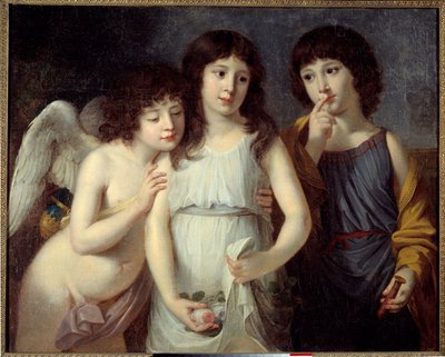 I figli della signora Langlois. Un angelo accompagna i due bambini. Ognuno di loro tiene un oggetto che simboleggia il loro sesso: una rosa per la ragazza e un sigillo su una manica per il ragazzo. Dipinto di Robert Lefèvre da Robert Lefevre