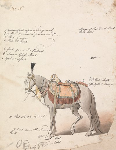 Schizzo di un cavallo con sella elaborata da Robert Mabon