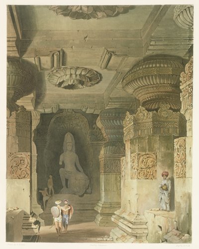 Interno del Tempio della Grotta di Indra Subba a Ellora, dal Volume II di Scenery, Costumes and Architecture of India, disegnato da David Roberts (1796-1864) inciso da Thomas Kearnan (fl.1821-50) e inciso da Robert Melville Grindlay