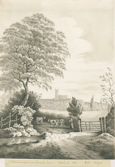 Wolverhampton - Vista distante da Dunstall Lane: disegno a seppia da Robert Noyes