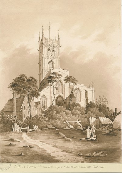 Wolverhampton - Chiesa di San Pietro: disegno seppia, 1838 da Robert Noyes