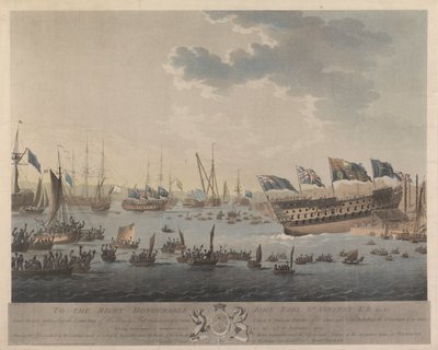 Lancio della nave di Sua Maestà Hibernia di 120 cannoni, Circe e Pallas fregate di 32 cannoni ciascuna e il disincaglio del St George di 98 cannoni da Robert Parker