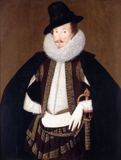 Ritratto di Sir Charles Cornwallis in un mantello nero bordato di pelliccia, doppietto bianco e panciotto marrone ricamato in oro da Robert Peake