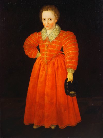 Ritratto di un bambino, in piedi a figura intera con un vestito rosso e un colletto di pizzo bianco, che tiene un cappello nero da Robert Peake