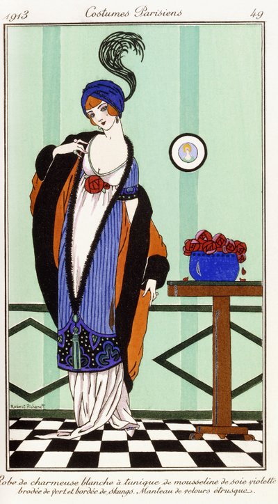 Abito parigino: vestaglia di charmeuse bianca con tunica di seta ricamata viola da Robert Pichenot