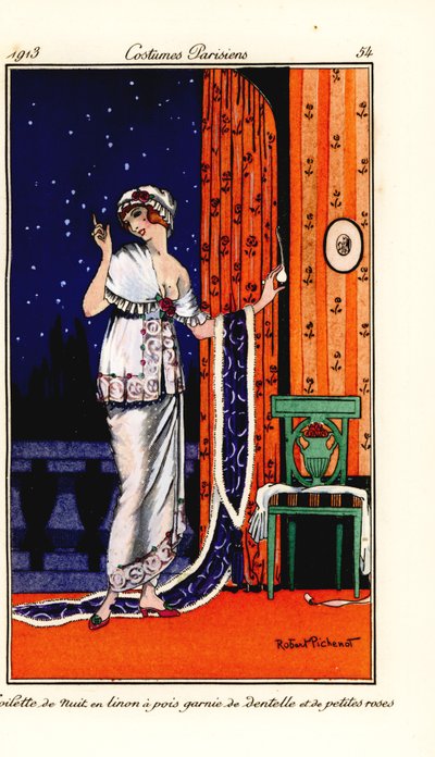 Donna in abito da sera di lino a pois decorato con pizzo e rose. Toilette de nuit en linon a pois garnie de dentelle et de petites roses. Incisione a pochoir colorata a mano dopo un