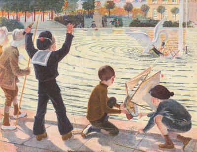 Un cigno che affonda lo yacht giocattolo di un bambino (litografia a colori) da Robert Salles