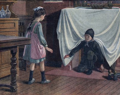 Un giovane spazzacamino coperto di fuliggine esce dal camino coperto da un lenzuolo. Spaventa una bambina che pensa sia il diavolo. Illustrazione di Robert Salles in Je sais Lire da Robert Salles