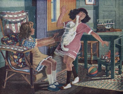Il gattino di Annette: un gatto bianco graffia il viso di una bambina che gioca con la sua amica. Illustrazione di Robert Salles (1871-1929) in “Je sais Lire”. da Robert Salles