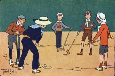 Palla per ore (gioco di abilità con palle e mazze). Incisione in "A cosa giochiamo?" di E. Weber con disegni ad acquerello di Robert Salles (1871-1929). Librairie Garnier Freres, Parigi da Robert Salles