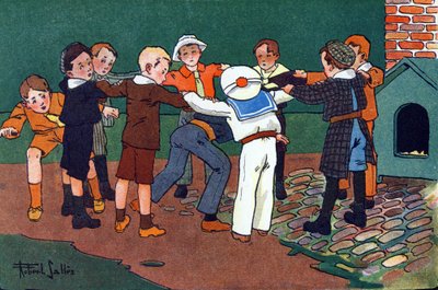 Gatto e topo. Incisione in "A cosa giochiamo?" di E. Weber con disegni ad acquerello di Robert Salles (1871-1929). Librairie Garnier Freres, Parigi da Robert Salles