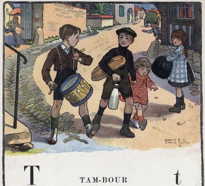 Libro per bambini Io leggerò - Alfabeto metodico e divertente di un papà 1926. Illustrazione di Robert Salles. Abecedario: lettera T come Tamburo da Robert Salles