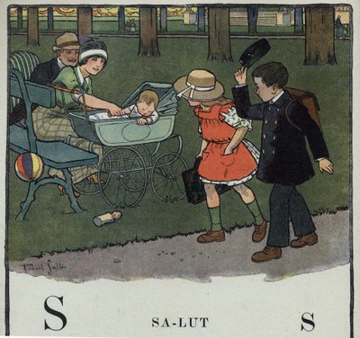 Libro per bambini Io leggerò - Alfabeto metodico e divertente di un papà 1926. Illustrazione di Robert Salles. Abecedario: lettera S come Saluto. Un ragazzo saluta una coppia e il loro bambino sollevando il cappello da Robert Salles