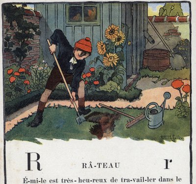 Libro per bambini Io leggerò - Alfabeto metodico e divertente di un papà 1926. Illustrazione di Robert Salles. Abecedario: lettera R come Rastrello. Un ragazzo nel giardino della sua casa da Robert Salles