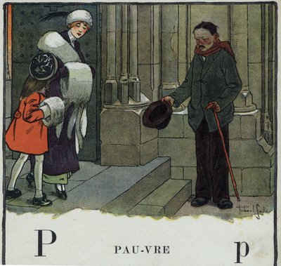 Libro per bambini Io leggerò - Alfabeto metodico e divertente di un papà 1926. Illustrazione di Robert Salles. Abecedario: lettera P come Povero. Un mendicante chiede l