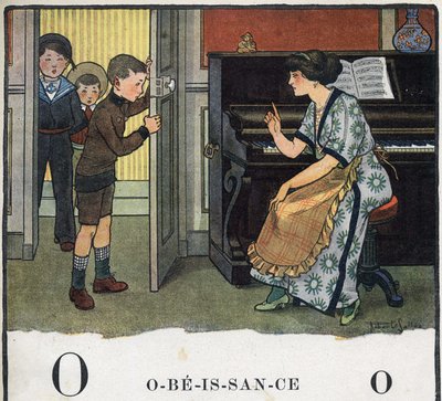 Libro per bambini Io leggerò - Alfabeto metodico e divertente di un papà 1926. Illustrazione di Robert Salles. Abecedario: lettera O come Obbedienza. Una madre rimprovera i suoi figli da Robert Salles