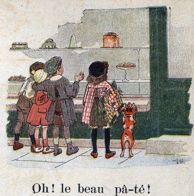 Libro per bambini “Leggerò - Alfabeto metodico e divertente di un papà” 1926. Illustrazione di Robert Salles (1871-1929). “Oh! La bella pasta!” . Bambini golosi si fermano davanti alla vetrina di una panetteria. da Robert Salles