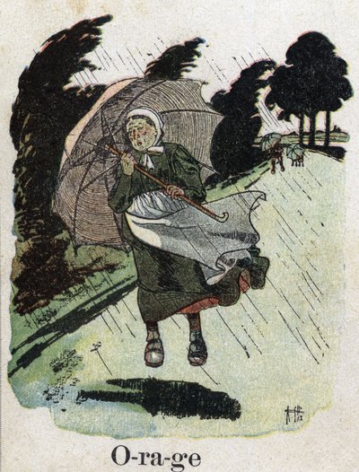 Libro per bambini “Leggerò - Alfabeto metodico e divertente di un papà” 1926. Illustrazione di Robert Salles (1871-1929). “Tempesta”: una donna sotto la pioggia si ripara con il suo ombrello. da Robert Salles
