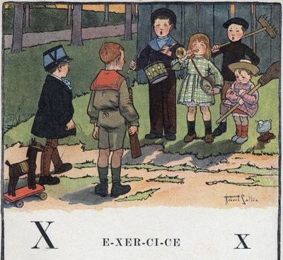 Libro per bambini “Leggerò - Alfabeto metodico e divertente di un papà” 1926. Illustrazione di Robert Salles (1871-1929). Abecedario: lettera X come Esercizio. Bambini giocano a fare i militari. da Robert Salles