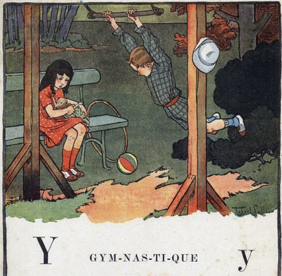 Libro per bambini “Leggerò - Alfabeto metodico e divertente di un papà” 1926. Illustrazione di Robert Salles (1871-1929). Abecedario: lettera Y come Ginnastica. Un ragazzo fa trapezio mentre una ragazza gioca con una bambola. da Robert Salles