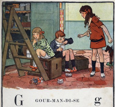 Libro per bambini “Leggerò - Alfabeto metodico e divertente di un papà” 1926. Illustrazione di Robert Salles (1871-1929). Abecedario: lettera G come Golosità. Ragazza e ragazzi mangiano frutta candita in segreto. da Robert Salles