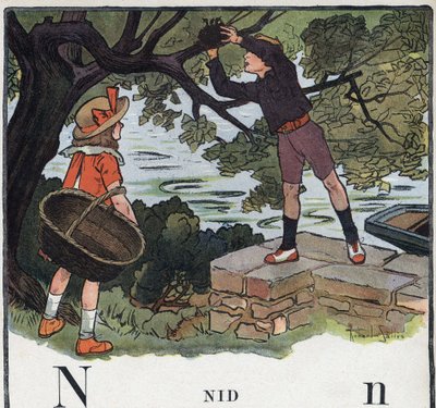 Libro per bambini “Io leggerò - Alfabeto metodico e divertente di un papà” 1926. Illustrazione di Robert Salles (1871-1929). Abecedario: lettera N come nido. Un ragazzo prende un nido costruito su un albero da Robert Salles