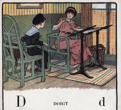 Libro per bambini “Io leggerò - Alfabeto metodico e divertente di un papà” 1926. Illustrazione di Robert Salles (1871-1929). Abecedario: lettera D come dito. Una madre spiega a suo figlio il ricamo da Robert Salles