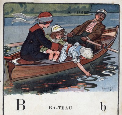 Libro per bambini “Io leggerò - Alfabeto metodico e divertente di un papà” 1926. Illustrazione di Robert Salles (1871-1929). Abecedario: lettera B come barca. Una famiglia in barca fa una passeggiata da Robert Salles