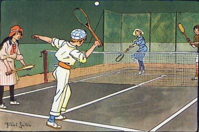 Tennis su prato. Incisione in "A cosa giochiamo?" di E. Weber con disegni ad acquerello di Robert Salles (1871-1929). Libreria Garnier Freres, Parigi da Robert Salles