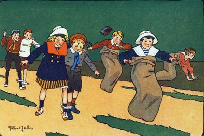 La corsa dei sacchi. Incisione in "A cosa giochiamo?" di E. Weber con disegni ad acquerello di Robert Salles (1871-1929). Libreria Garnier Freres, Parigi da Robert Salles