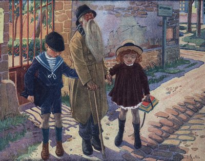 Il bastone del cieco: due bambini aiutano un vecchio cieco a camminare. Illustrazione di Robert Salles (1871-1929) in 
