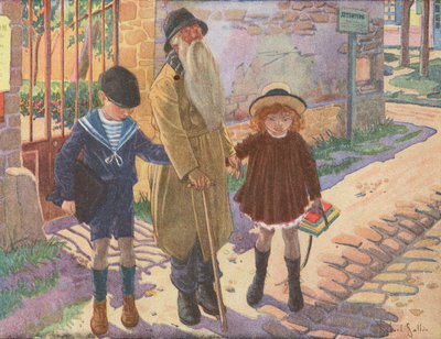 Due bambini aiutano un vecchio cieco dopo aver perso il bastone (litografia a colori) da Robert Salles