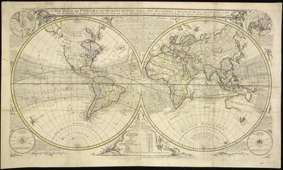 Una nuova mappa del mondo in due emisferi con le nuove scoperte e percorsi dei due circumnavigatori Dampier e Anson: disegnata dai geografi più recenti e notevolmente migliorata dai Sieurs D
