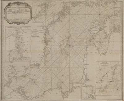 Nuova e accurata carta del Mar Baltico o Mar Orientale che mostra le isole, le rocce e i bassifondi con i loro segni, fari, profondità e canali di navigazione da Robert Sayer