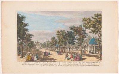 Veduta di un viale con un arco di trionfo nei Vauxhall Gardens a Londra da Robert Sayer