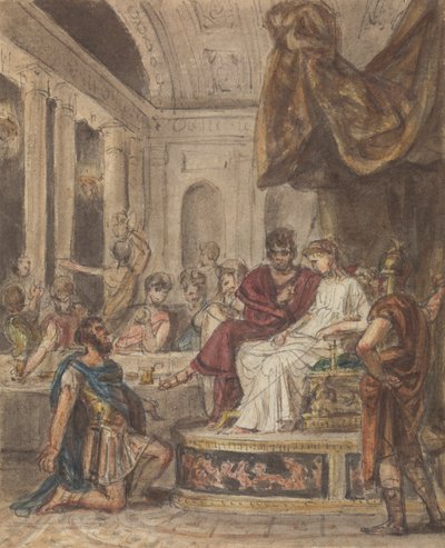 Scena di banchetto, con un soldato romano inginocchiato davanti a una figura femminile seduta su un trono da Robert Smirke