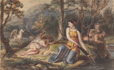 Diana, Dea della Caccia, con Satiro, Cupido Addormentato e un Pegaso in un Paesaggio Boschivo da Robert Smirke