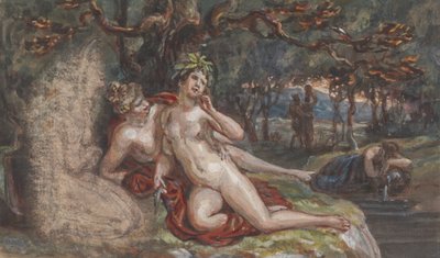 Scena boschiva con una coppia sdraiata sotto un albero, vicino a un ruscello da Robert Smirke